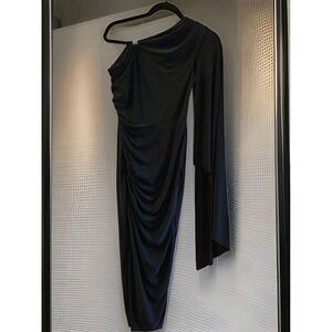Club L London Black Maxi Dress Sz 6. 1 Shoulder Ruched Drape Sleeve Formal Drama